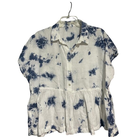 Women's Top Blouse 100% Linen Drop Waist Boho Blue White Size Large - Picture 2 of 5